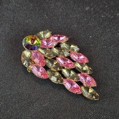 Pink, Smoky Gray, Aurora Borealis Rhinestones Unsigned Pin Brooch