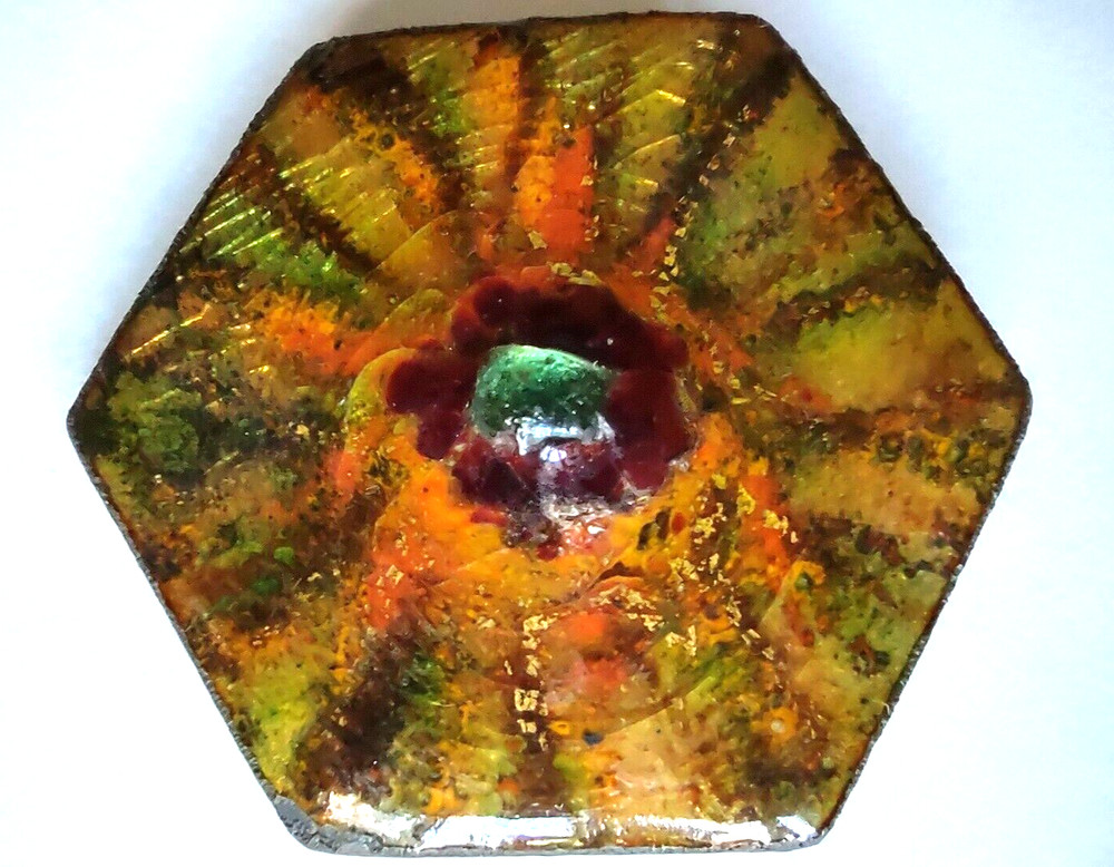 Vintage Hexagon Copper Enamel Brooch Pin Brown Gold Tone Design Center Stone