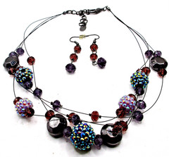 Vintage CJ Multi-Layer Lucite Crystal Bead Floating Wire Necklace Earring Set