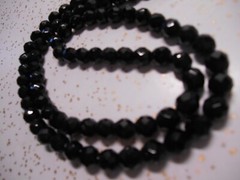 Antique Black Faceted Glass Beads Strung on Fine Gold Chain Necklace 24″