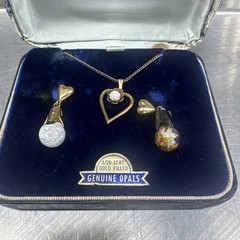 Vintage Opalite Floating Opal Earrings Screw Back Pendant Set, Floral Drops