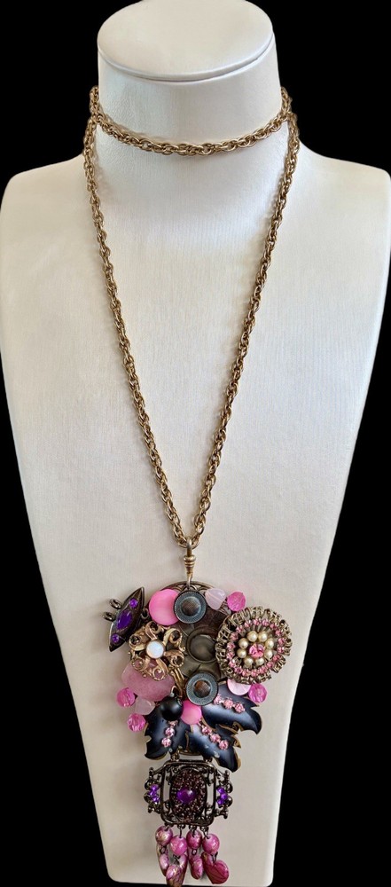 Vintage Signed Sarah Jane Pink & Gold Assemblage Pendant OOAK~1980s
