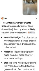 VTG Coro Duette Silver Tone Rhinestone Art Deco Convertible Dress Clips Brooch
