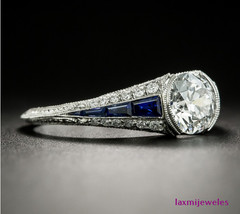 2.50 Ct Blue Sapphire Deco Lab-Created Diamond Vintage Ring 14K White Gold FN