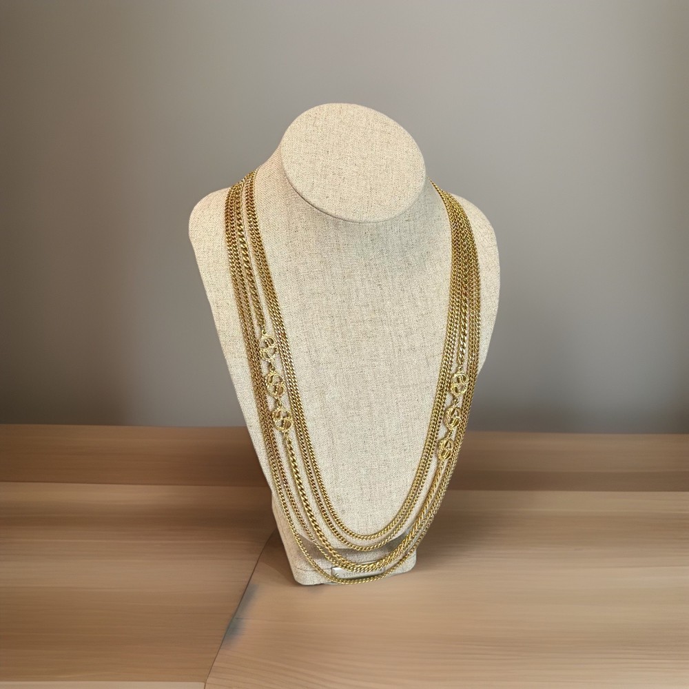 1960s 1970s Monet Multi-strand Chain Necklace Long Opera Length Gold Tone Signed