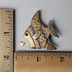 Vintage Modernist Abstract Fish Brooch Gold Copper Tone Textured Mid Century