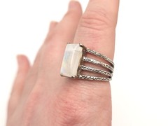 Vintage Sterling Silver 925 Rectangle Moonstone Textured Split Band Ring sz 9