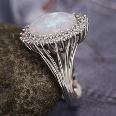 Silver Plated Fire Opal Inlay Christmas Ring 2 CT CZ Vintage Style Unisex Ring