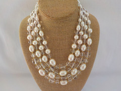 Vintage Four Strand Faux Pearl Bead Necklace Clear Plastic Gold Tone Metal Oval