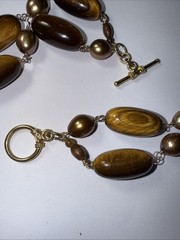 Necklace 2 Strand Tiger’s Eye Cultured Pearl Vermeil Toggle Clasp Vintage Unused
