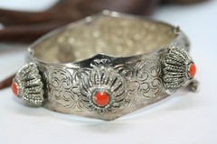 Vintage Silver Alloy Metal Ladies Jasper Bangle 20MM Wide Bracelet 7″ Heavy 64Gr