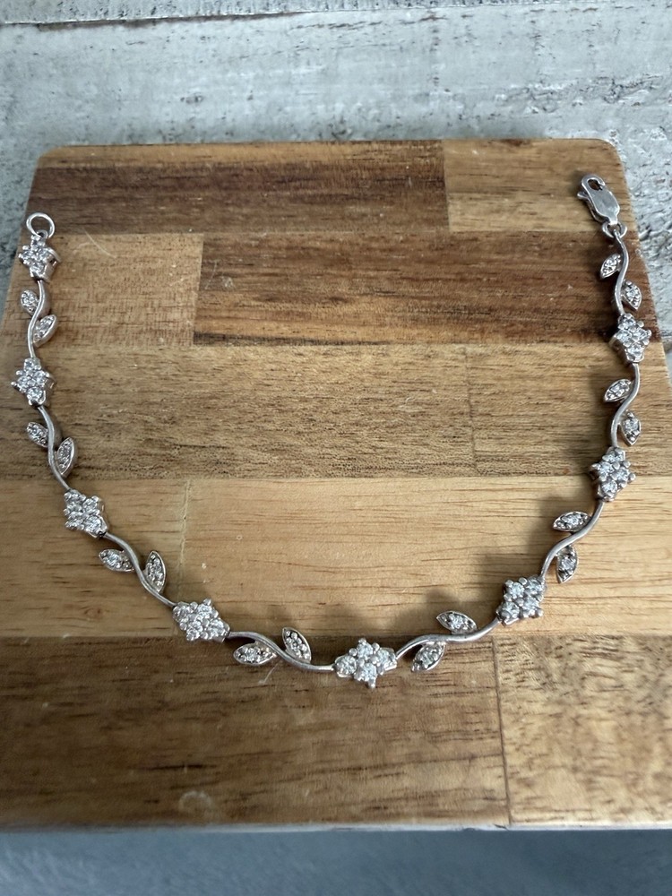 Vtg Sterling Silver 925 Ross Simons Leaf Rhinestone 7in Tennis Bracelet #3155
