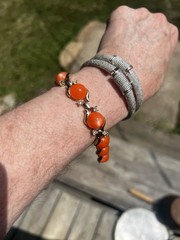 Coro Signed Orange Coral Cabochon Rhinestone Link Bracelet Vintage 1950s