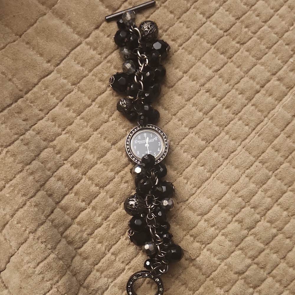 Vintage White House Black Market Charm Bracelet Watch Black Beaded Toggle Y2K