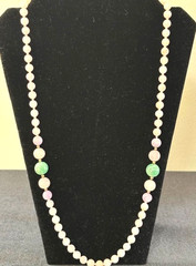 Vintage ROSE QUARTZ JADE Knotted Graduated 7mm-12mm Bead Rope Necklace 30″