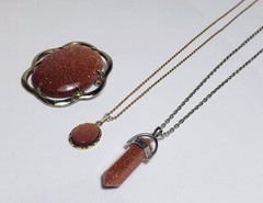 3pc LOT GOLDSTONE Gold Filled Brooch JJJ Co & 2 Goldstone Necklaces Vtg jewelry