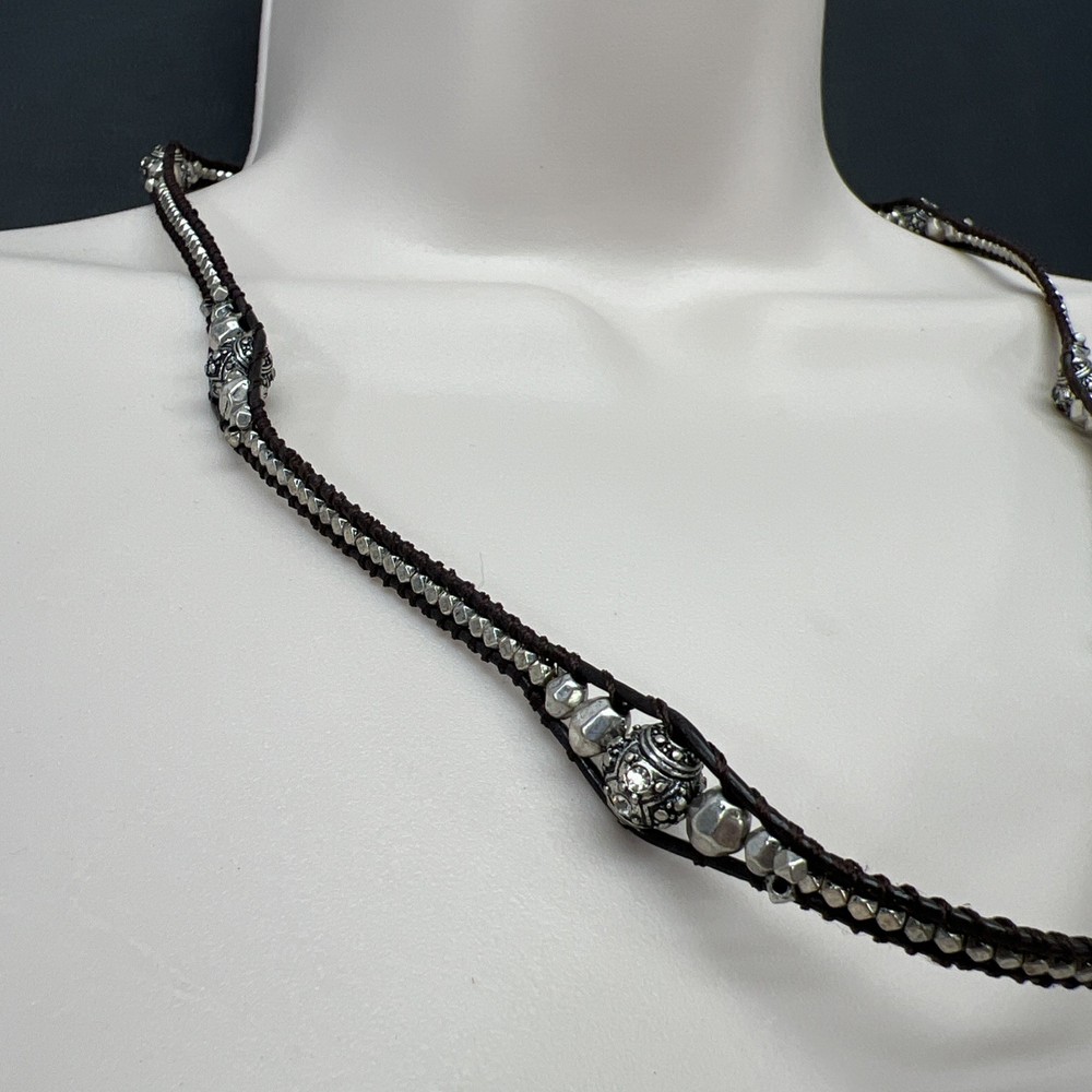 Lucky Brand Woven Brown Silver Tone Bead Necklace Rhinestones 22” Adjusts