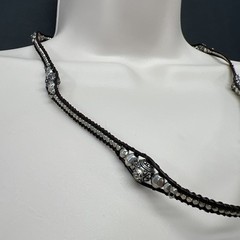 Lucky Brand Woven Brown Silver Tone Bead Necklace Rhinestones 22” Adjusts