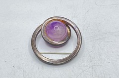 Vintage Sterling Silver 925 Amethyst Cabochon Modernist Orbital Brooch 45mm