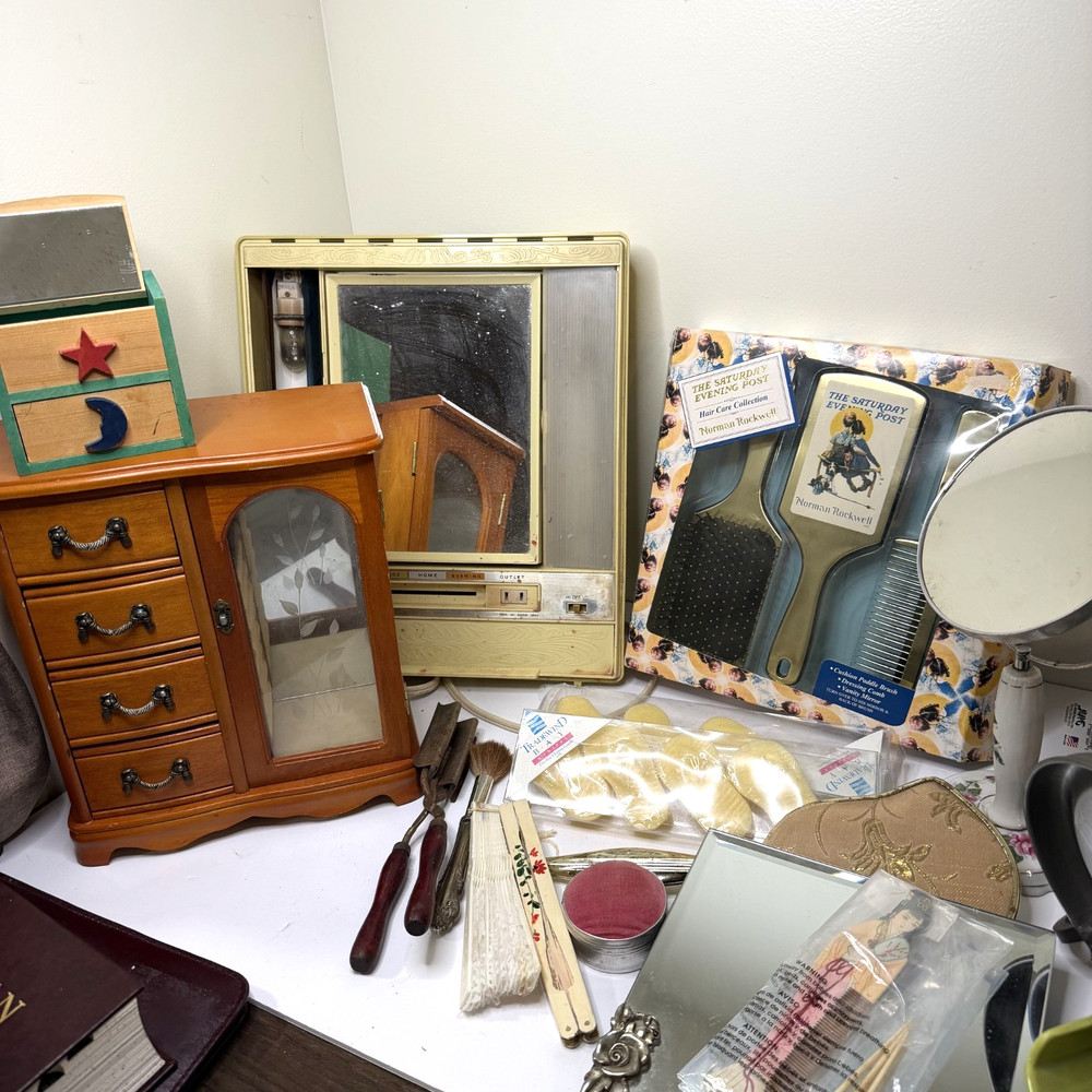 Assorted Vintage & Classic Vanity Bundle Wooden Jewelry Armoire Brushes Mirrors