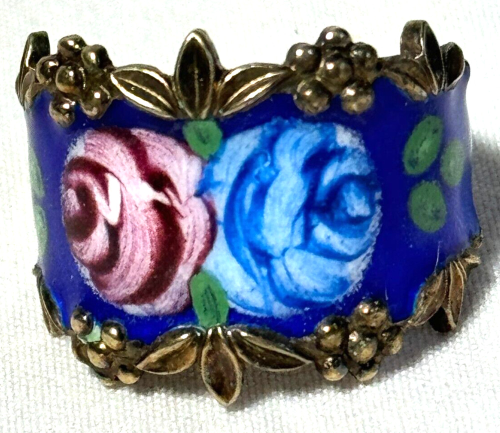 VINTAGE STERLING WIDE FLOWER ROSE BLUE ENAMEL CIGAR BAND RING SIZE 8-FREE SHIP
