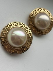 Christian Dior Earrings Vintage Pearl Round Logo Gold Tone Clip On