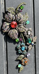 Large Floral and Butterfly Vibrant Multi-Colored Stone Brooch Pin Pendant