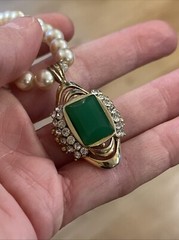 Vintage Designer Lanvin Emerald Rhinestone? Pendant 14k Gold Pearl Necklace