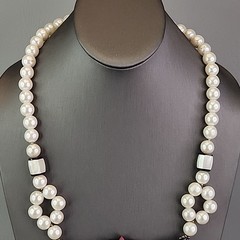 Vintage Lee Sands Beaded Necklace Pierced Earrings Set Latus Flower MOP White