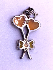 Vtg. Sterling Silver Glass pendant hearts with bows orange yellow pendant signed