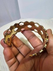 Signed skalli Paris? Cuff bracelet hexagon mother of pearl goldtone thick- READ