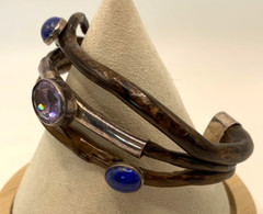 Unique Vintage OSCAR’S STERLING 950 Amethyst Lapis Lazuli Leather Cuff Bracelet