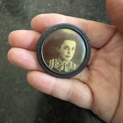 Antique Victorian Round Mourning Brooch C-Clasp Young Woman Memorial Photo 1.5”