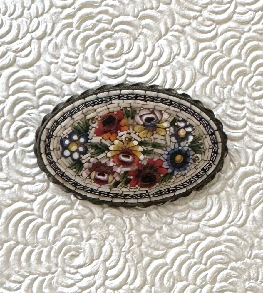 Vintage Floral micro mosaic / silver tone metal brooch