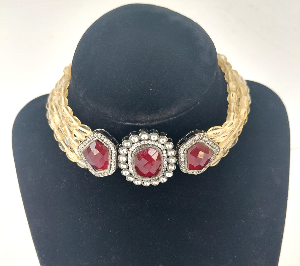 Vintage Necklace Indian Kundan Bridal Choker Adjustable Red Rhinestone Peach