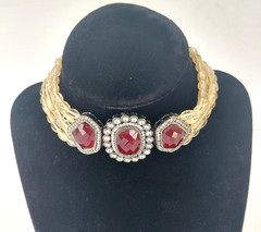 Vintage Necklace Indian Kundan Bridal Choker Adjustable Red Rhinestone Peach
