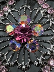 Vintage Pink Black Rhinestone Filigree Brooch Silver Tone Gothic Mandala READ