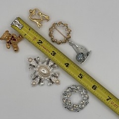 VTG Rhinestone Brooch Lot of 6 Silver Gold Tone Faux Pearl Bear Bowling Ring Etc