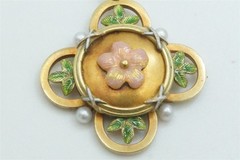 15K GOLD PINK GREEN ENAMEL PEARL PENDANT – QUALITY ANTIQUE ENGLISH -1880