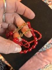 2 Vintage Jewelry MONET Red Lucite/Gold Metal Beads Necklaces