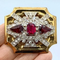 Signed 1940s McClelland Barclay Gold-Tone Ruby Red & Clear Rhinestone Pin