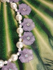 Vtg Lilac Lucite Trumpet Flowers Faux Pearl Aurora Crystal Necklace