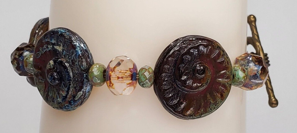 VTG Colorful Glass Beads Brass Toggle Bracelet Boho Art Glass Ammonite Fossils