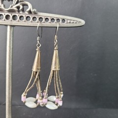 Liquid Silver Mother of Pearl Lavender Pink and White Rice Bead Dangle Earrings