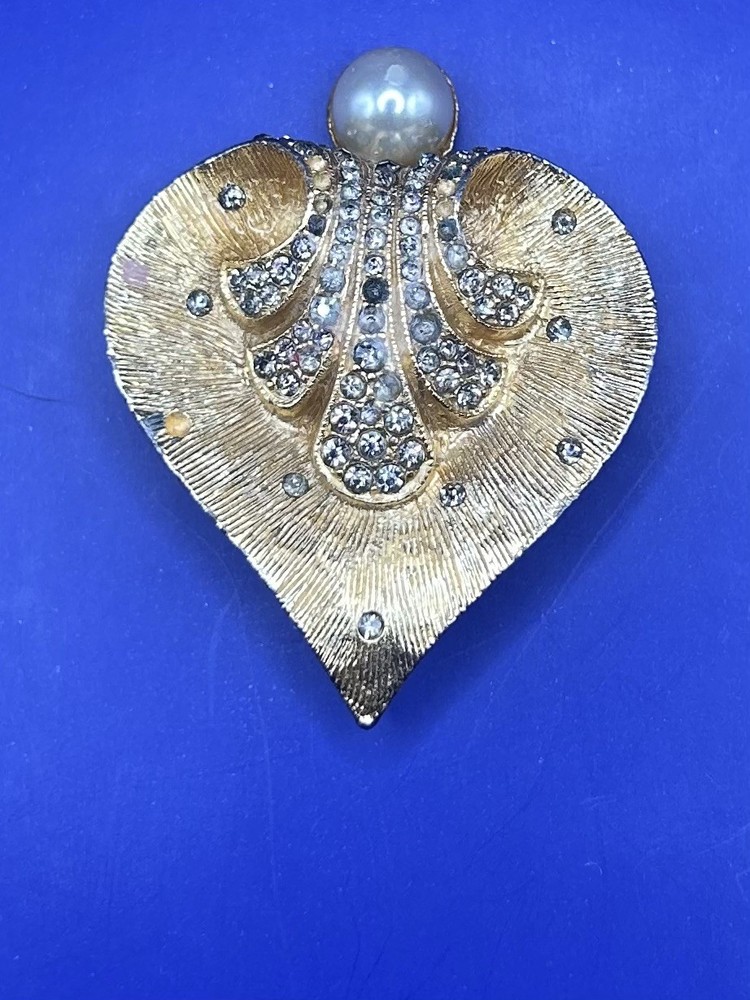 Vintage Benedict NY Brooch Gold Tone Faux Pearl Rhinestone Heart Leaf READ-PARTS