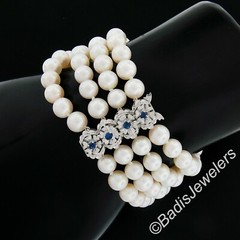 Vintage 18k Gold 2.25ctw Sapphire Textured Clasp 4 Row Excellent Pearl Bracelet