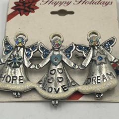 Vintage Silver Tone Three Angels Brooch Pin Hope Love Dream Blue Crystal Enamel