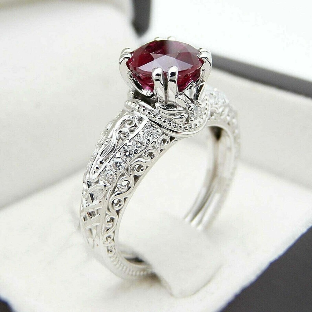 Art Deco Style Round Red Garnet & Lab Created Diamond Engagement 925 Silver Ring