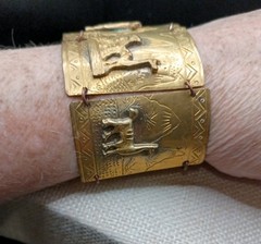 Vintage Peruvian Alpaca Bracelet Story Teller Gold Tone Brass Wide Cuff Repousse