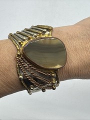 Vtg Modernist Mixed Metals Polished Agate Stone Chunky Cuff Bracelet 8″